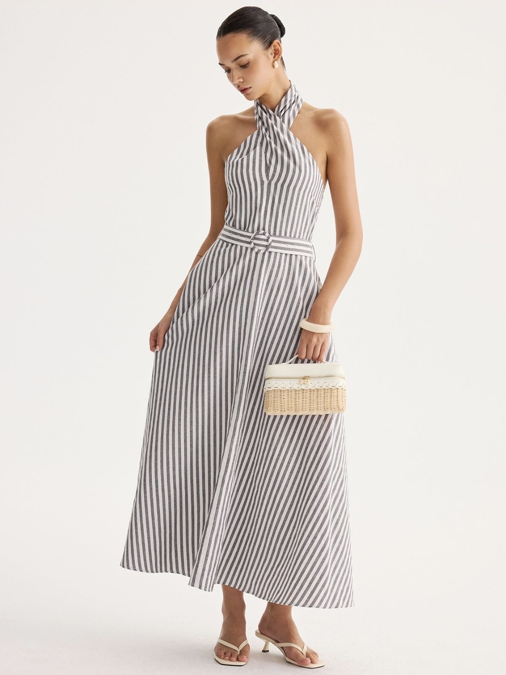 Commense Black and White Striped Halter Maxi Dress